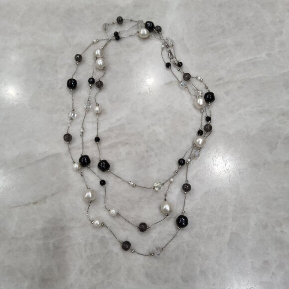 Multi Strand Black and Rhinestone Beads and Faux Pearl Necklace - Picture 2 of 4